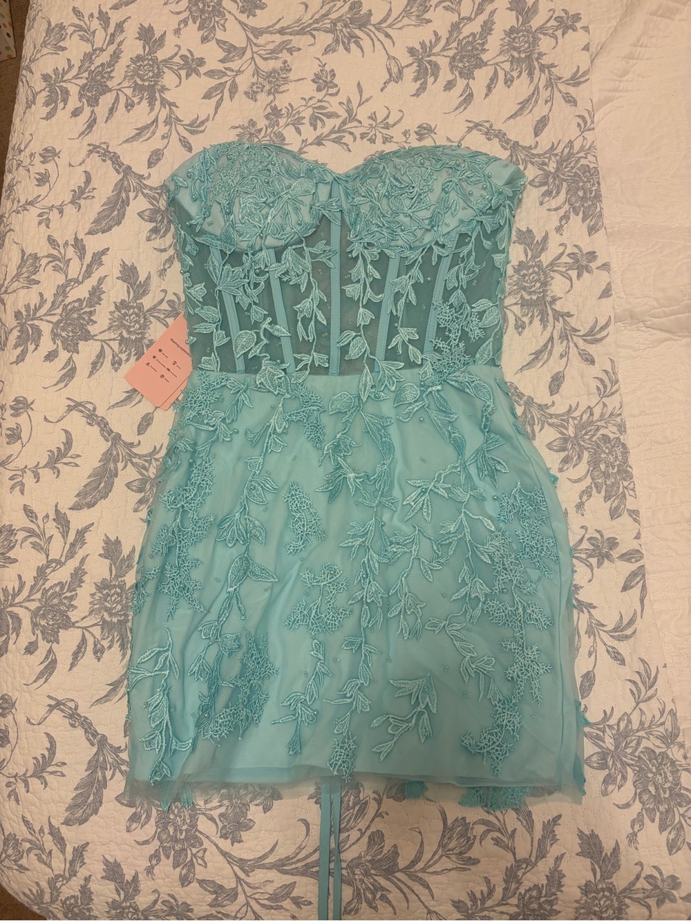 Girls' Strapless Embroidered Tulle Dress in Aqua/teal. Great material.